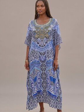 Blue Printed Maxi Dress with Embellished Neckline